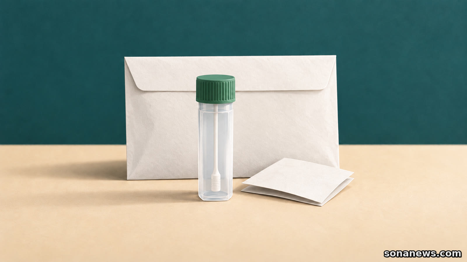 Illustration of a green-capped bowel screening sample bottle beside a plain return envelope and folded leaflet on a pale surface.