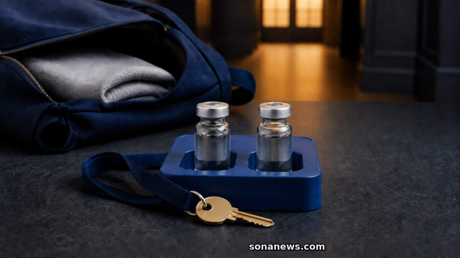Conceptual MenB vaccine vial pair beside a hall key and open backpack for England's time-limited student offer.