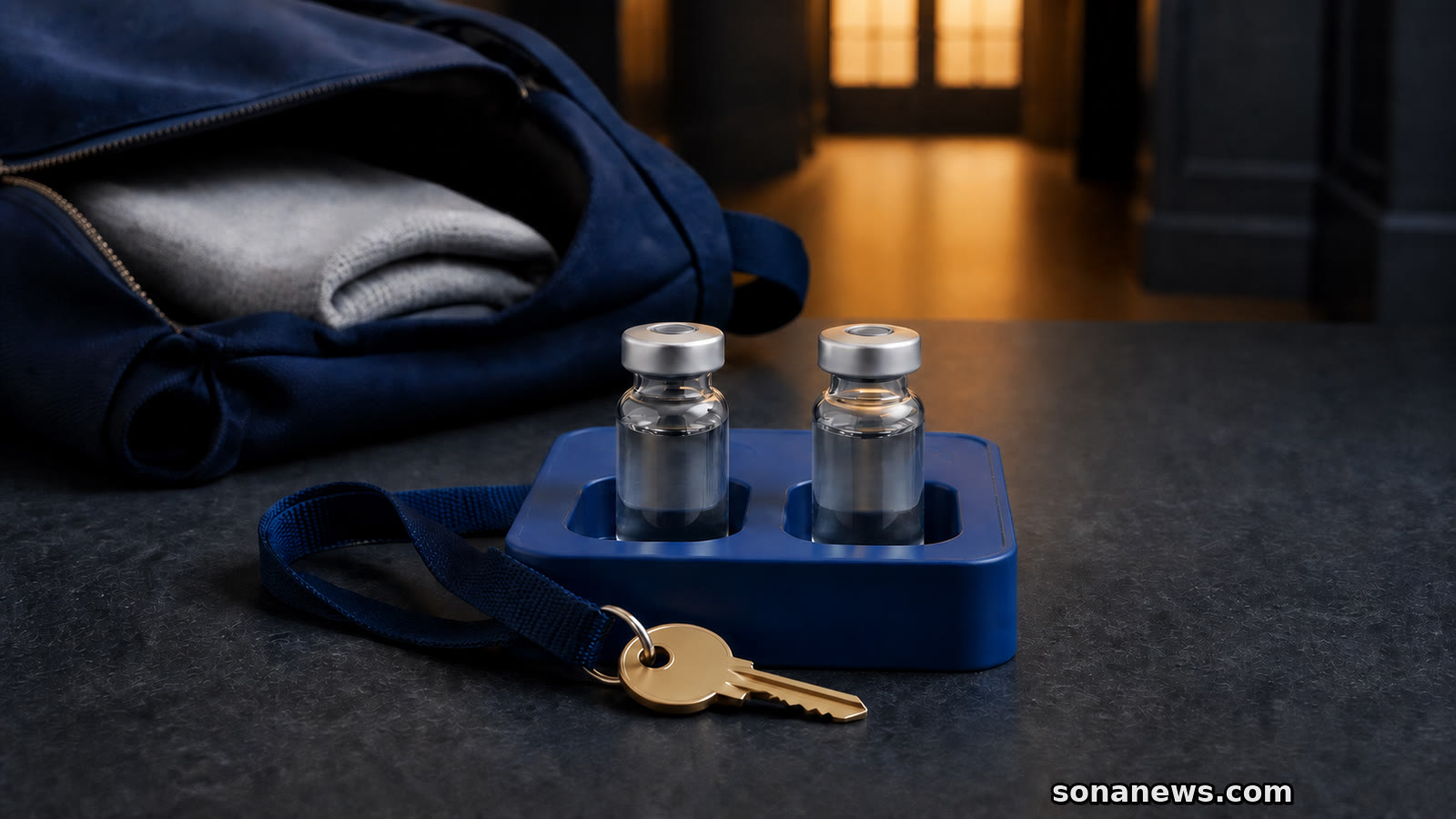 Conceptual MenB vaccine vial pair beside a hall key and open backpack for England's time-limited student offer.