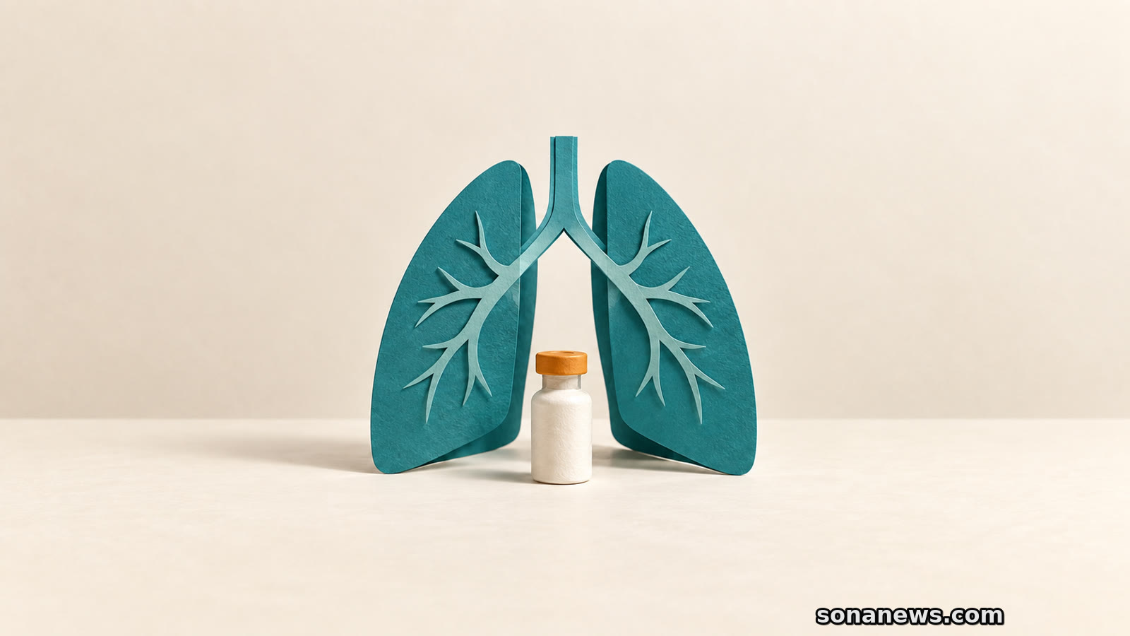 Teal paper lungs behind a single unlabelled vaccine vial, a conceptual illustration accompanying England's RSV vaccination eligibility guidance.
