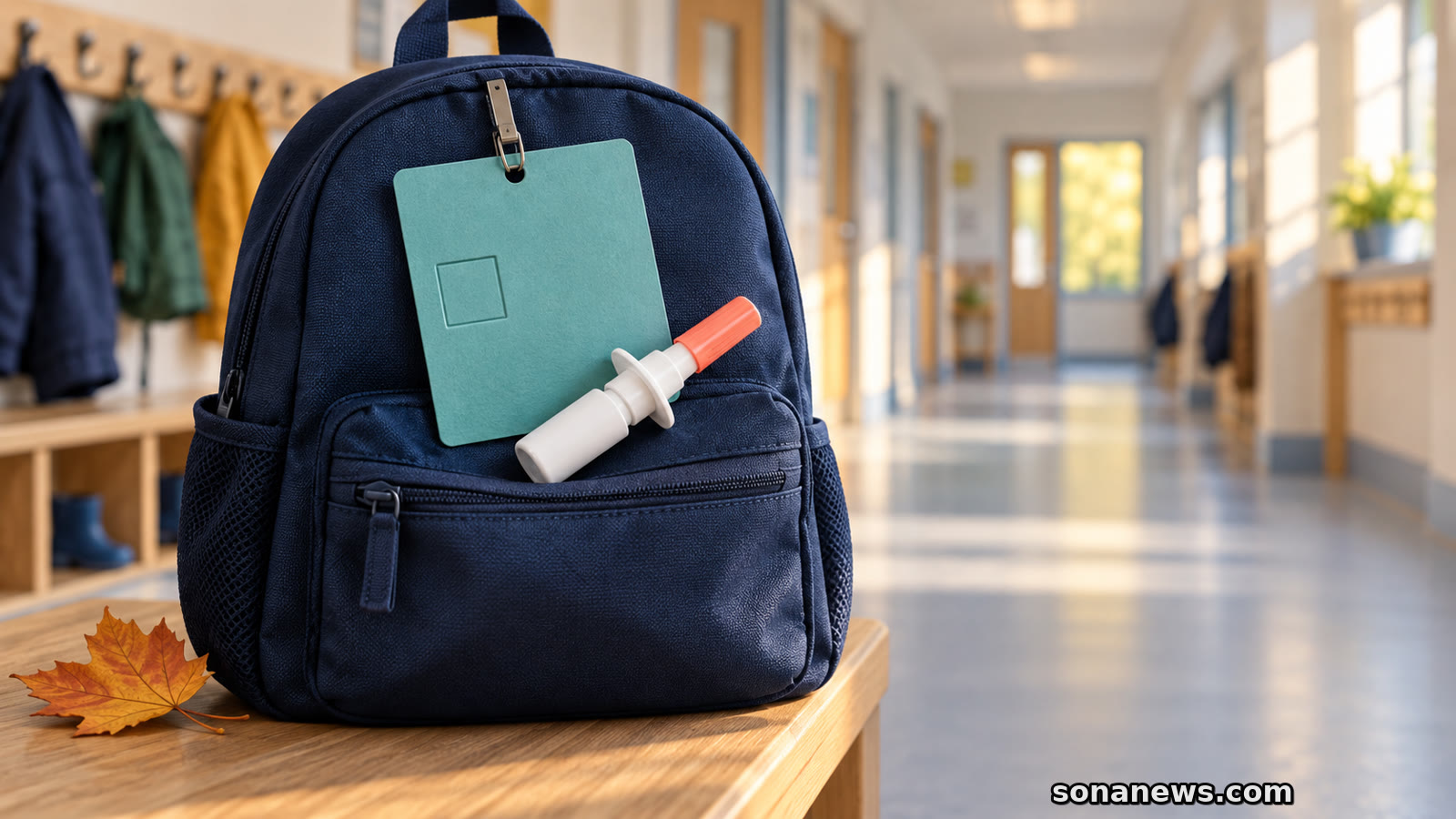 Conceptual school flu consent card, pupil backpack and nasal spray applicator arranged for England's autumn vaccination rollout.