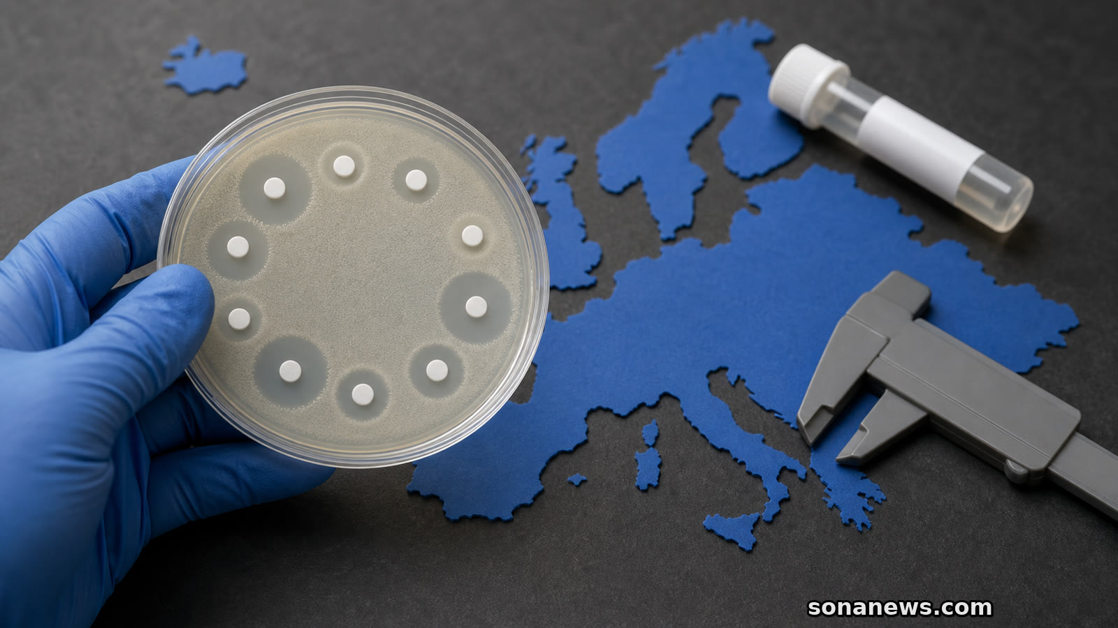 Gloved hand holds an antimicrobial susceptibility culture plate above a blue paper map of Europe for gonorrhoea resistance surveillance.