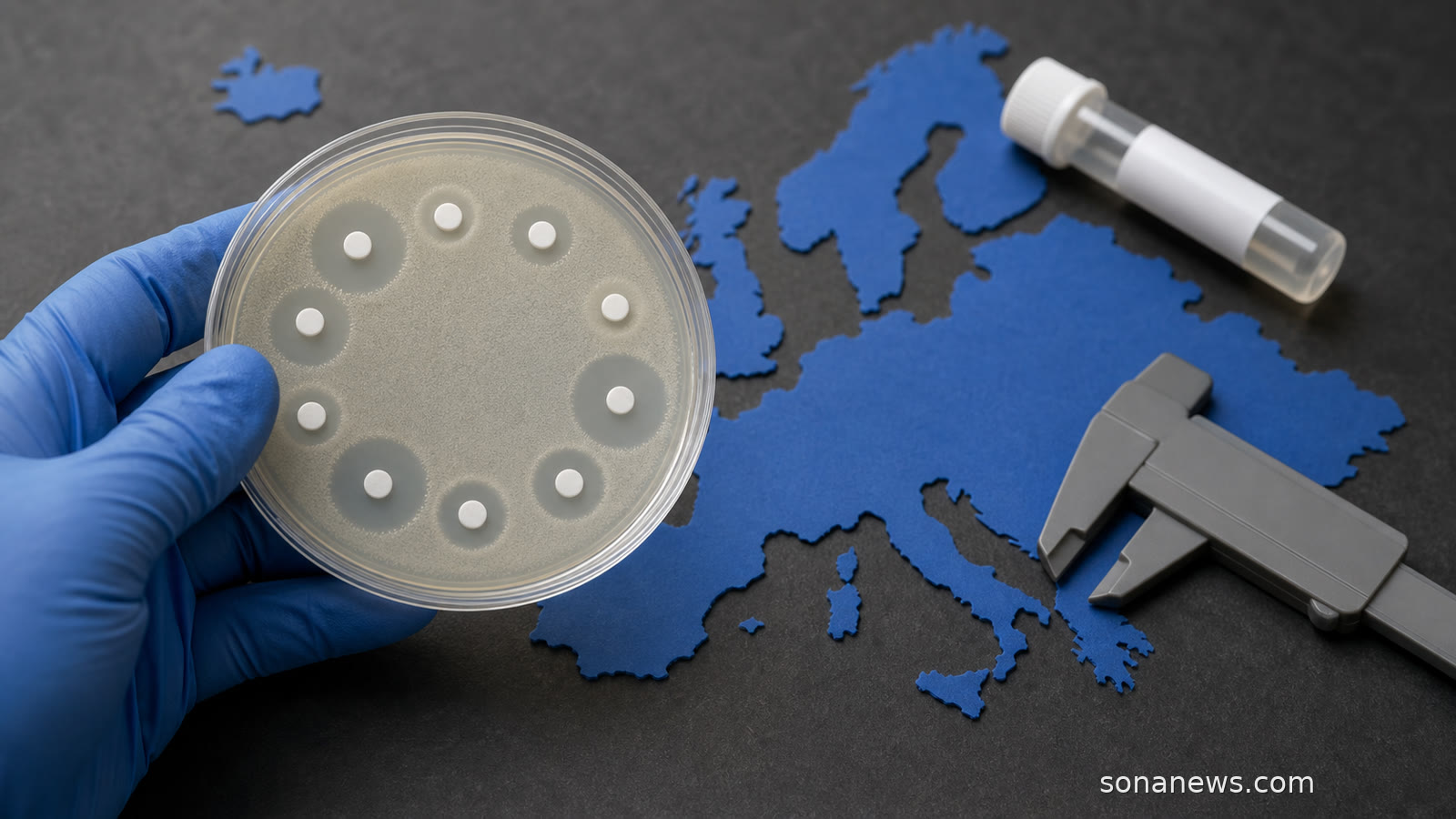 Gloved hand holds an antimicrobial susceptibility culture plate above a blue paper map of Europe for gonorrhoea resistance surveillance.