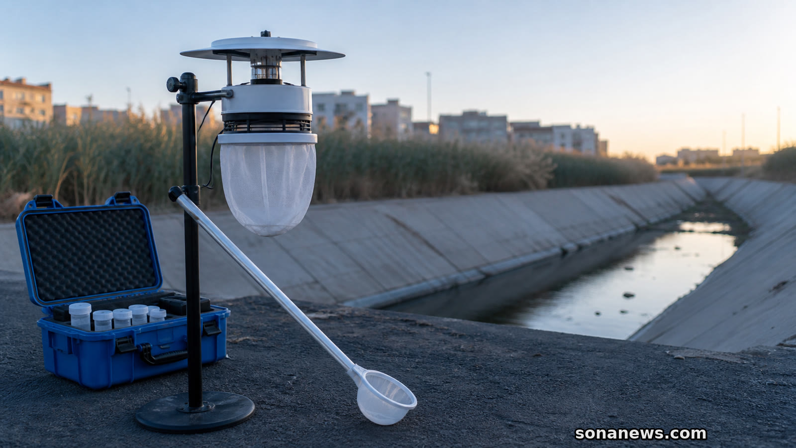 Conceptual mosquito surveillance trap and larval dipper beside an urban drain, representing Europe’s patchwork control capacity.