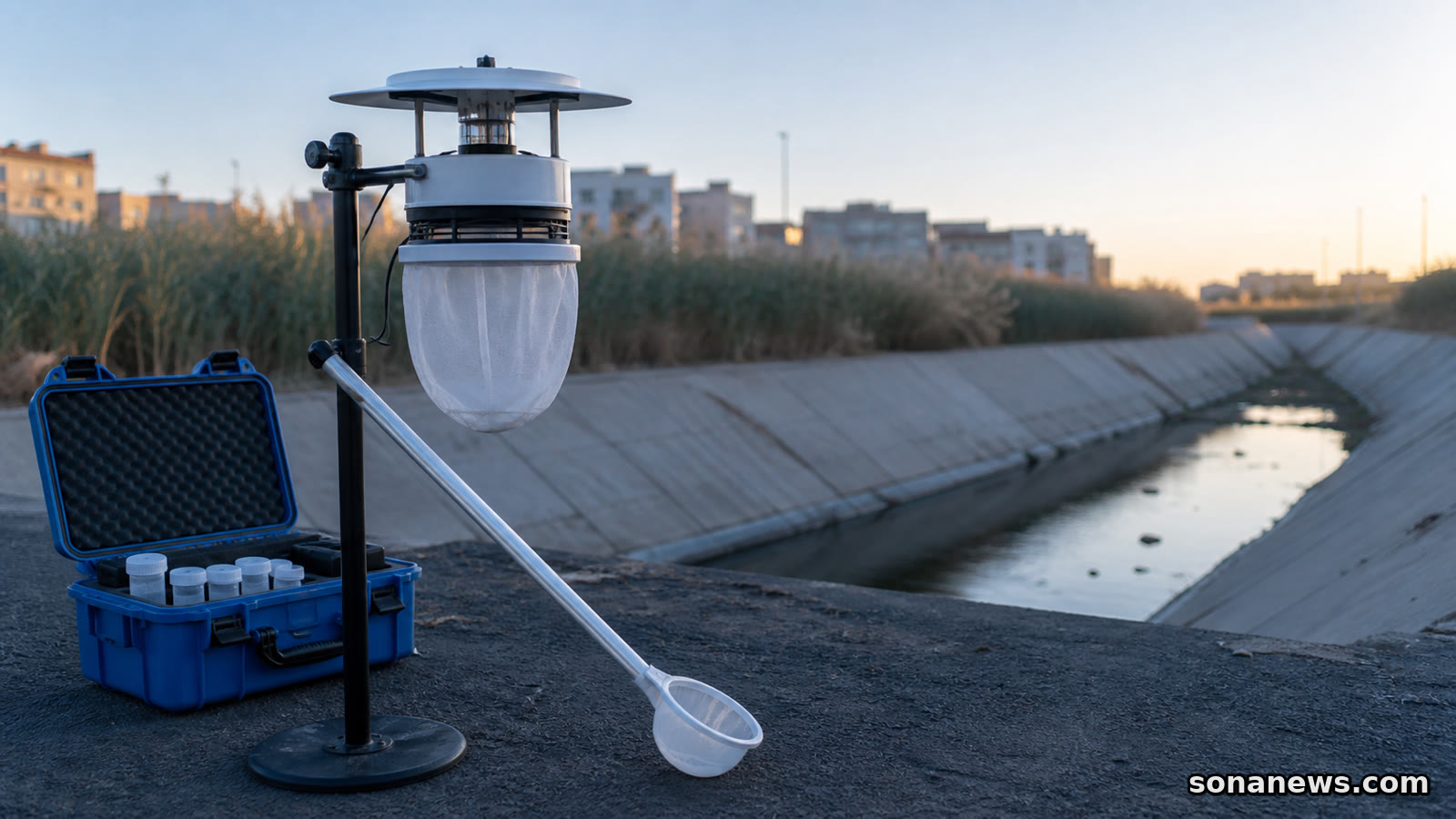 Conceptual mosquito surveillance trap and larval dipper beside an urban drain, representing Europe’s patchwork control capacity.