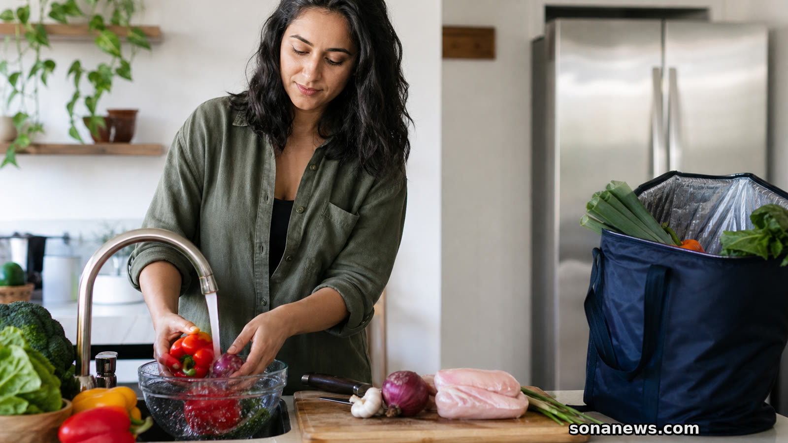 Kitchen counter with separated raw and washed foods, illustrating food safety beyond one meal.