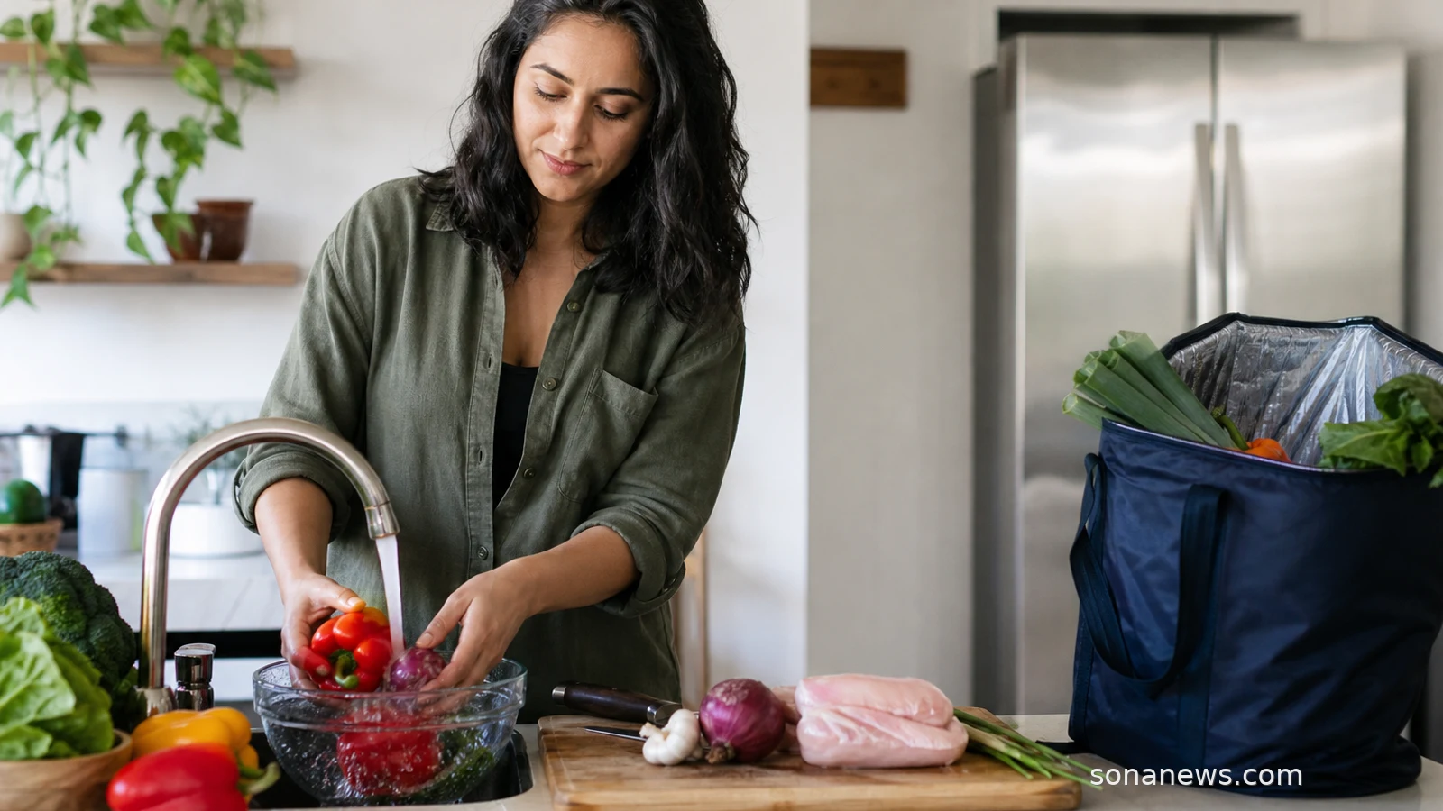 Kitchen counter with separated raw and washed foods, illustrating food safety beyond one meal.