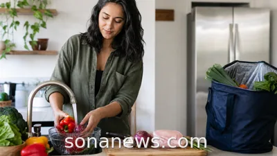 Kitchen counter with separated raw and washed foods, illustrating food safety beyond one meal.