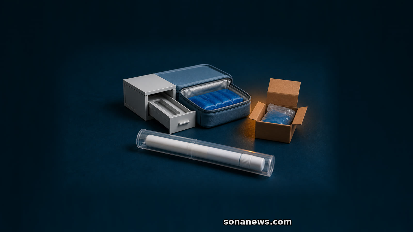 Protected unbranded GLP-1 medicine pen crosses a linked dispensing and cold-chain route beside an anonymous parcel.