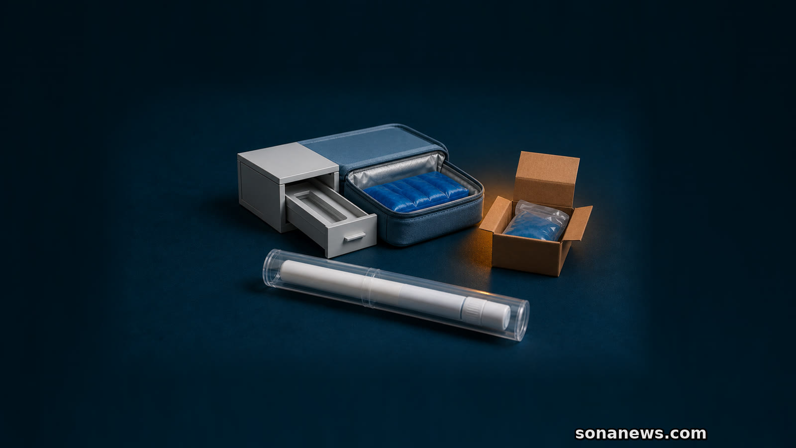 Protected unbranded GLP-1 medicine pen crosses a linked dispensing and cold-chain route beside an anonymous parcel.