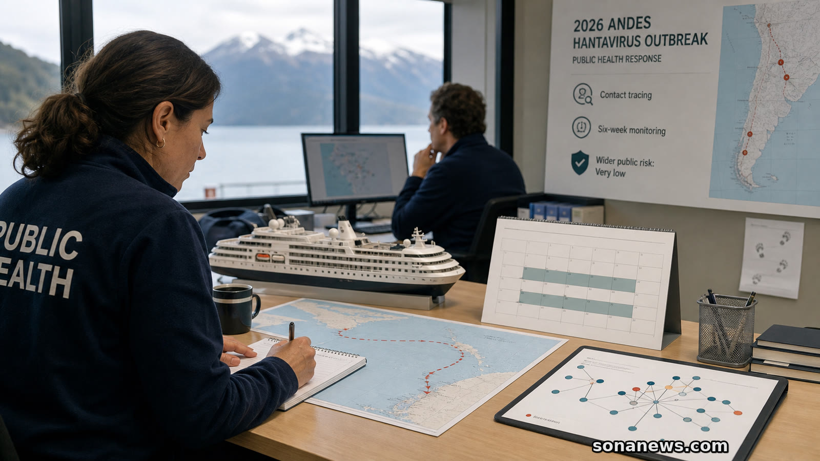Cruise ship model, six-week calendar and contact-tracing diagram for an Andes hantavirus outbreak story.