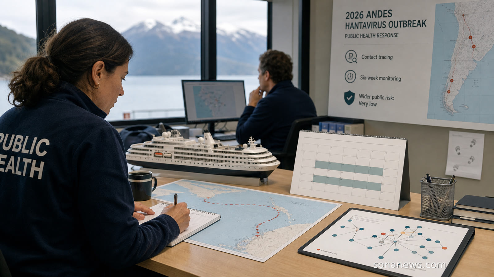 Cruise ship model, six-week calendar and contact-tracing diagram for an Andes hantavirus outbreak story.