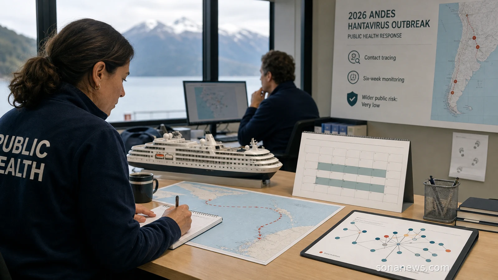 Cruise ship model, six-week calendar and contact-tracing diagram for an Andes hantavirus outbreak story.