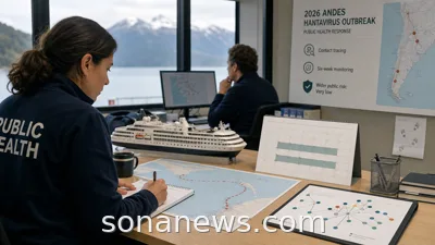Cruise ship model, six-week calendar and contact-tracing diagram for an Andes hantavirus outbreak story.