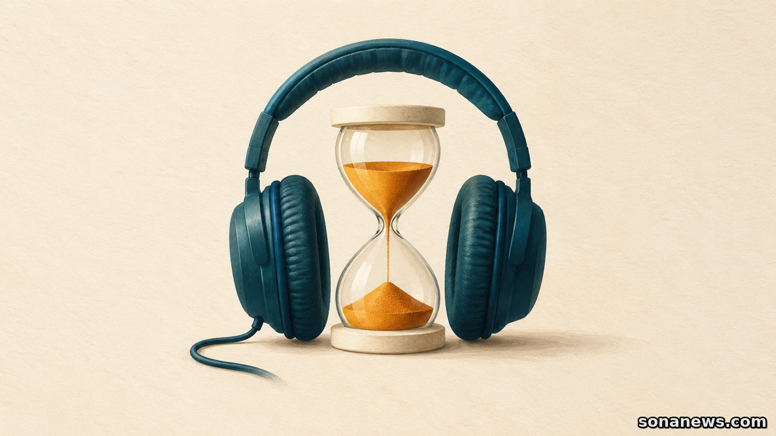 Dark teal headphones frame an amber sand timer, a conceptual illustration of listening time and sound exposure.
