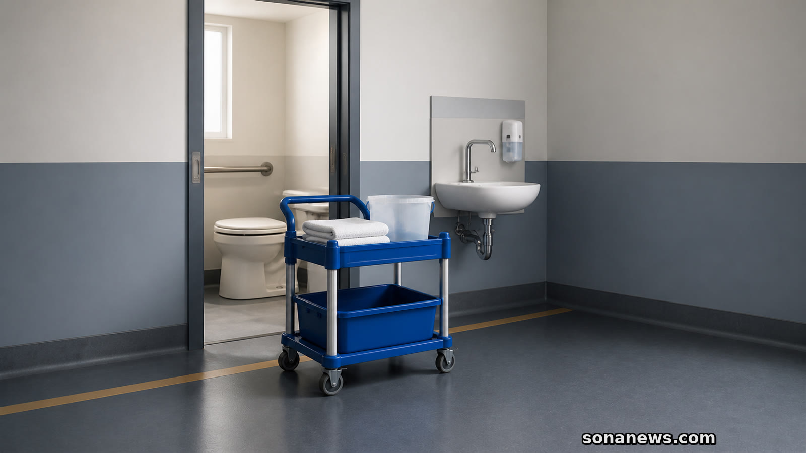 Conceptual clinic sanitation area with an accessible toilet, handwashing basin and cleaning trolley.