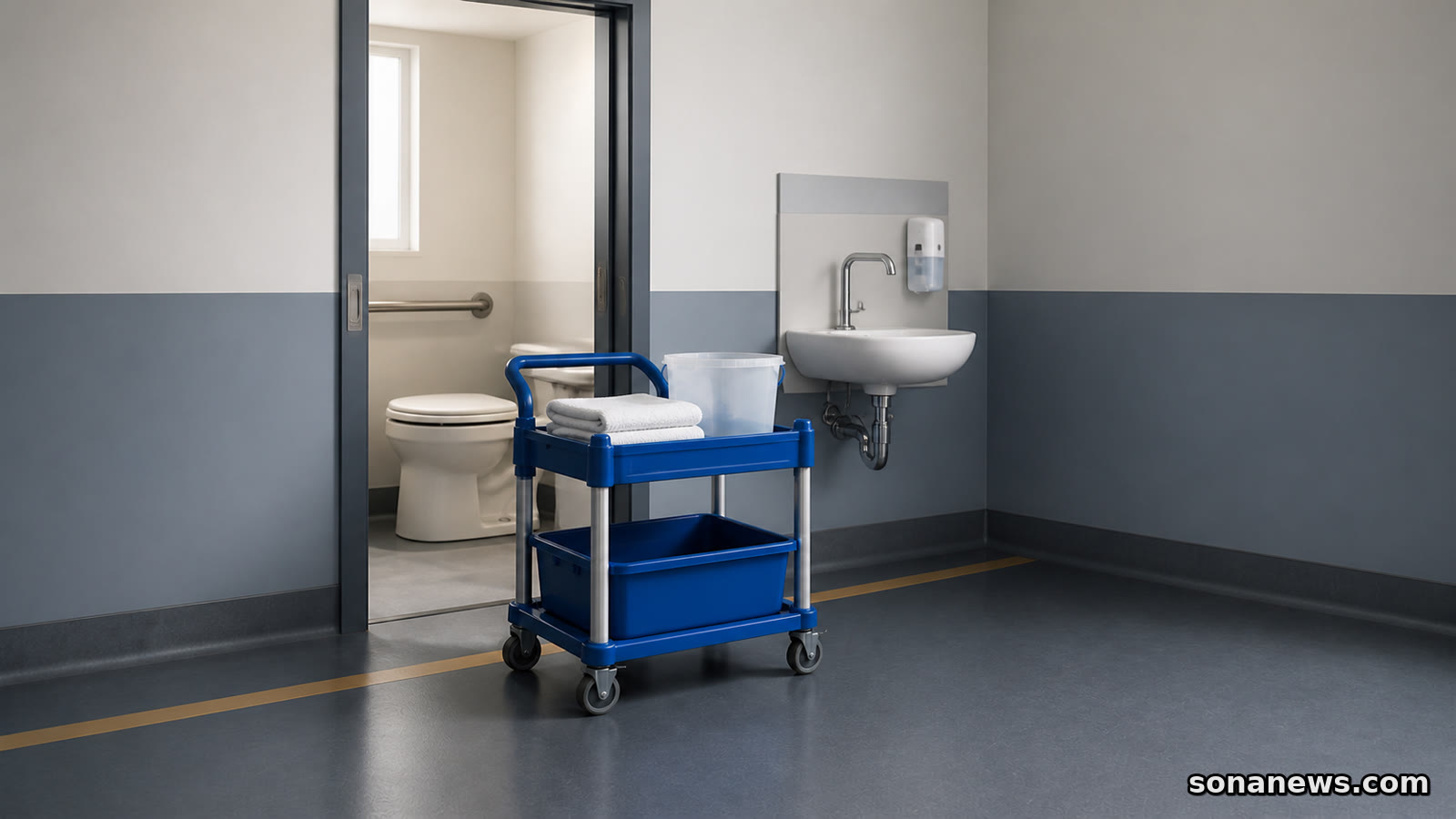 Conceptual clinic sanitation area with an accessible toilet, handwashing basin and cleaning trolley.