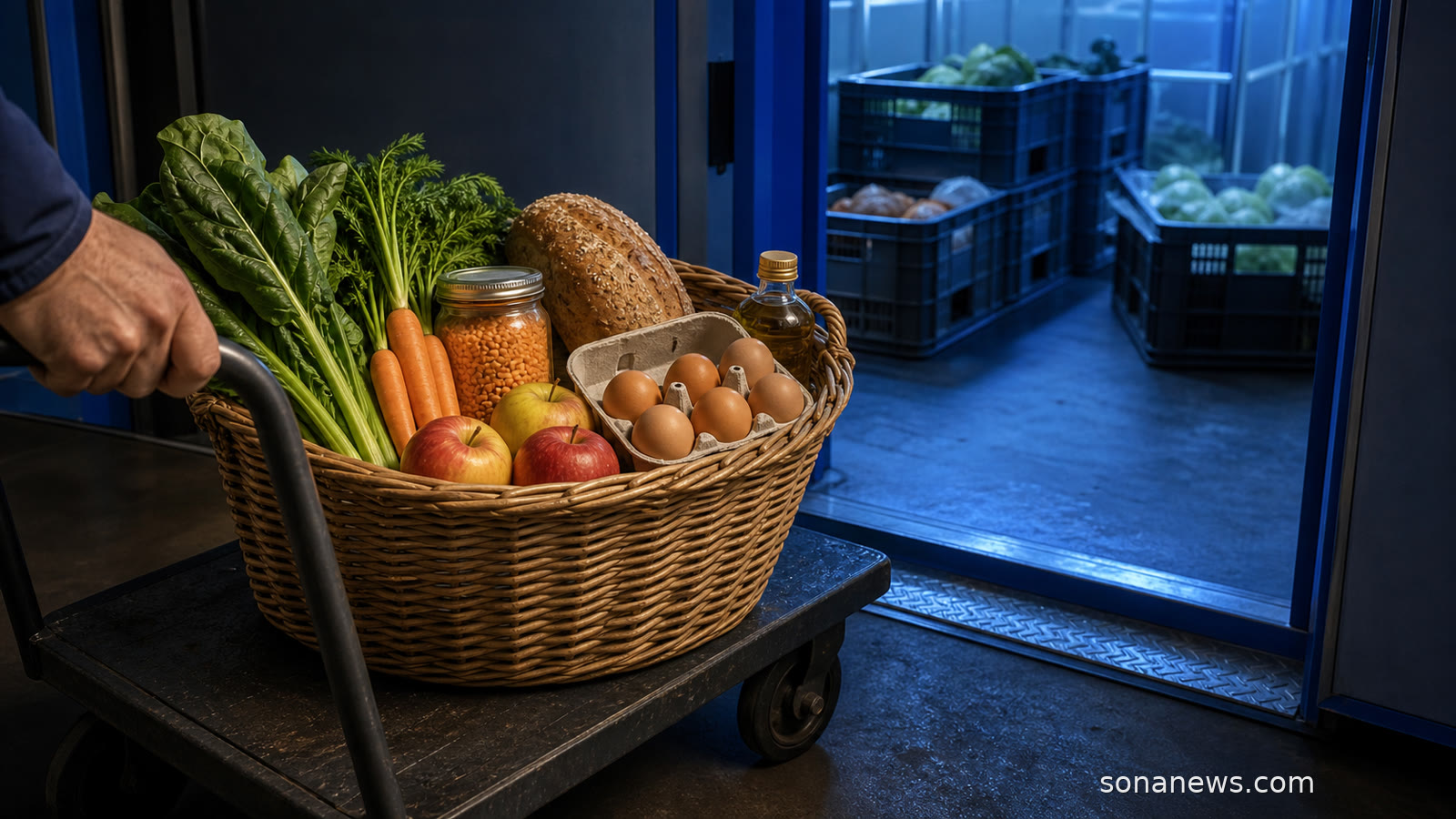 A healthy diet basket crosses a produce cold-room threshold on a hand trolley, linking nutritious food with post-farmgate costs.