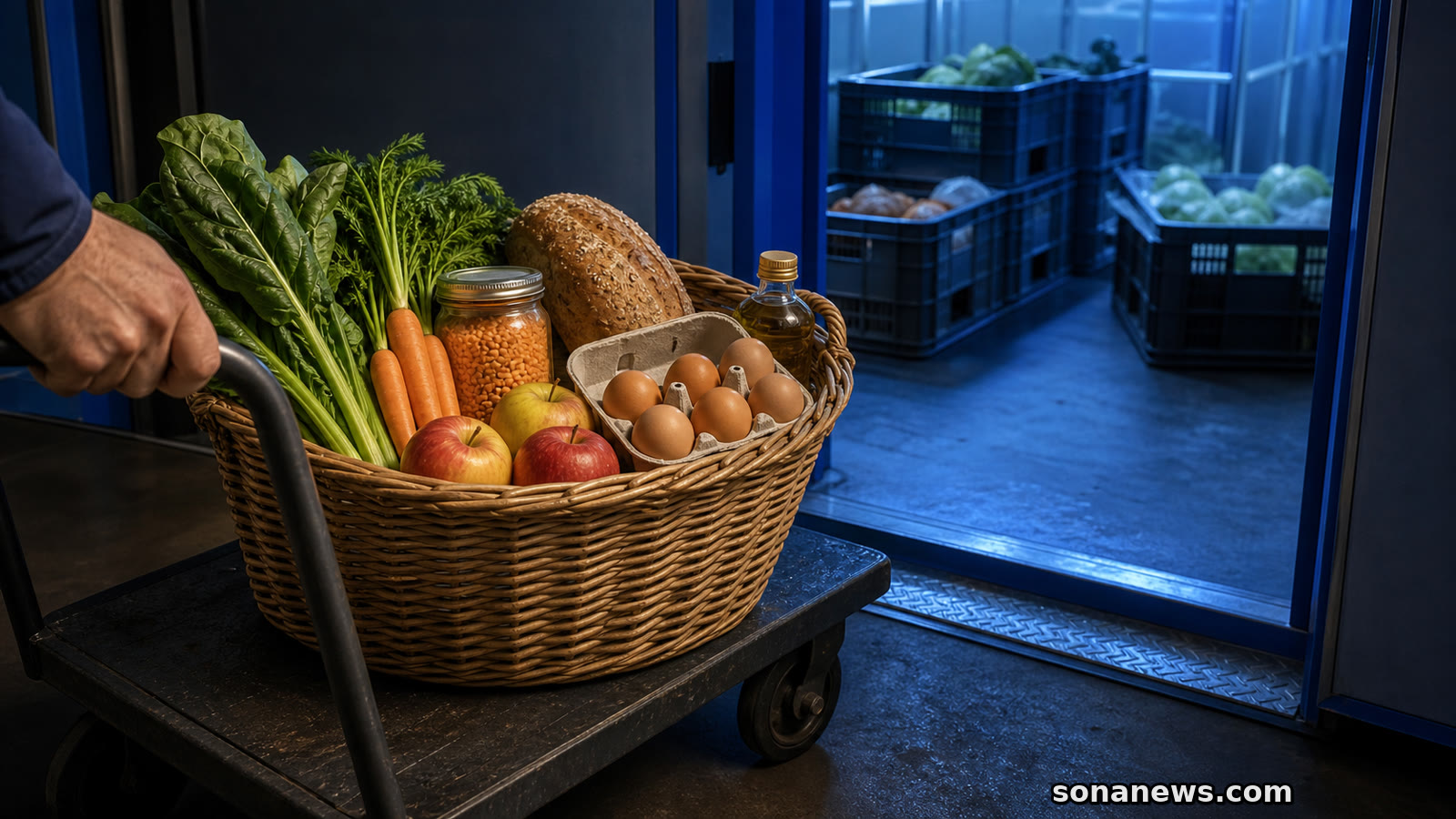 A healthy diet basket crosses a produce cold-room threshold on a hand trolley, linking nutritious food with post-farmgate costs.