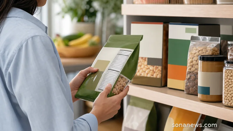 Shopper holding an unbranded food package beside a Nutrition Facts style panel, illustrating healthy food label rules.