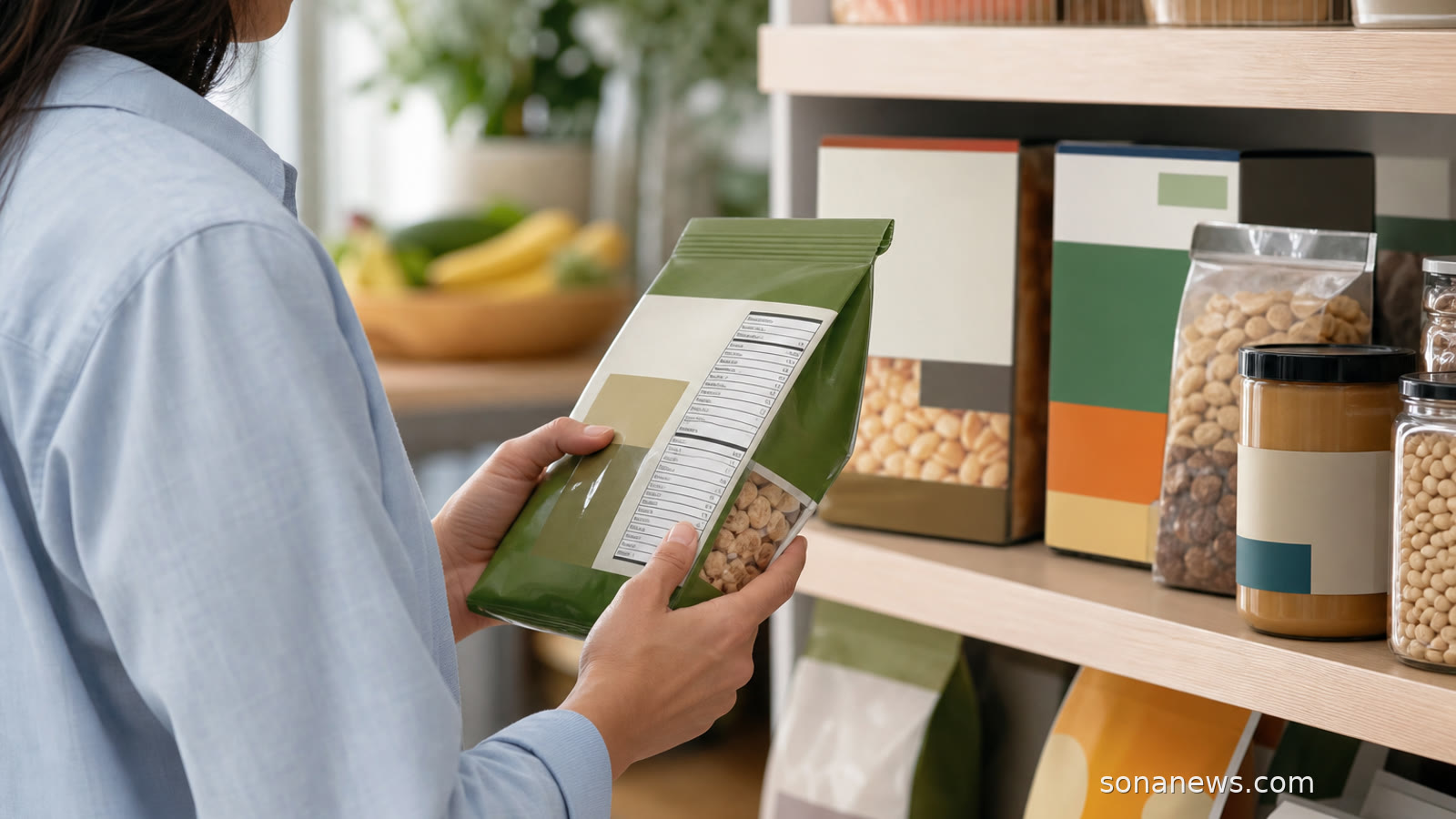 Shopper holding an unbranded food package beside a Nutrition Facts style panel, illustrating healthy food label rules.