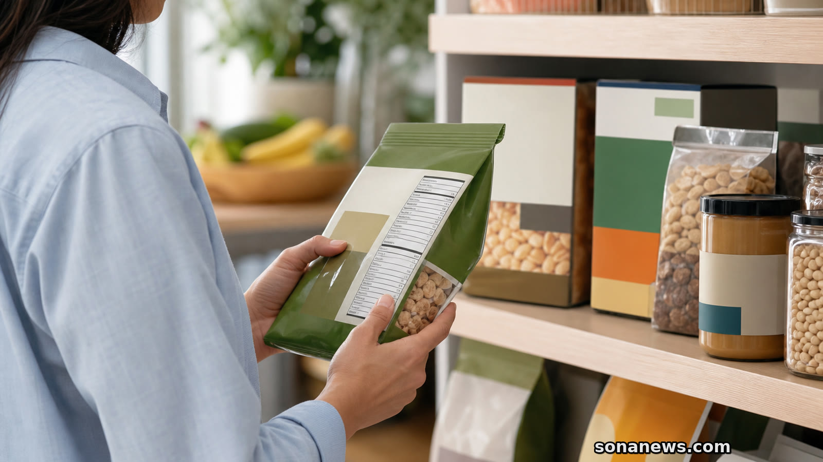 Shopper holding an unbranded food package beside a Nutrition Facts style panel, illustrating healthy food label rules.