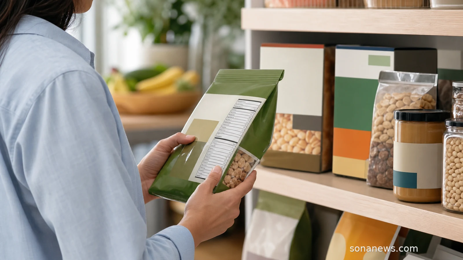 Shopper holding an unbranded food package beside a Nutrition Facts style panel, illustrating healthy food label rules.