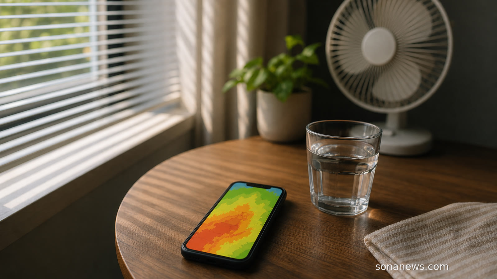 Teléfono con mapa meteorológico de colores junto a agua y persianas cerradas, imagen sobre previsiones de calor como señales locales de salud.