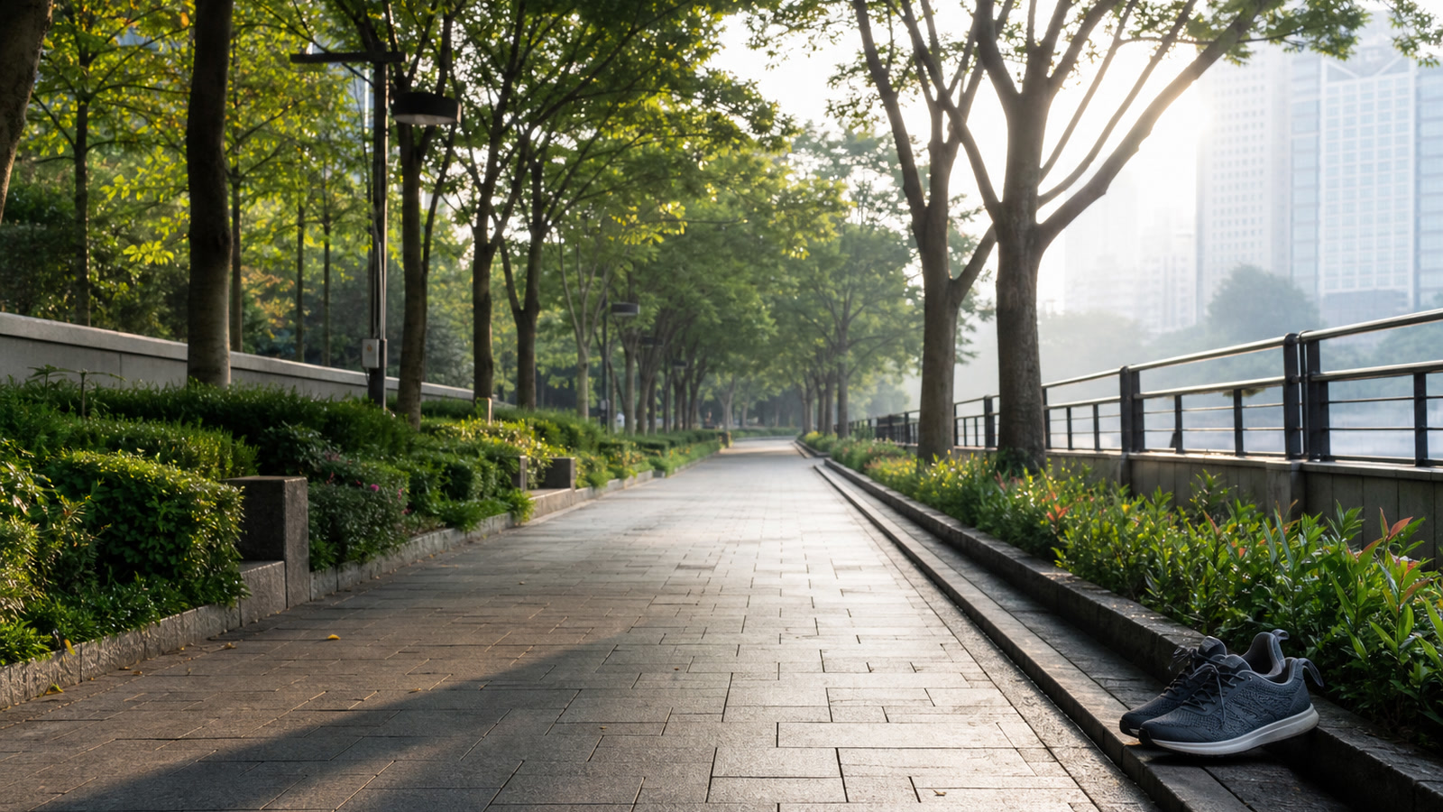 People walking along a quiet pavement in soft morning light.