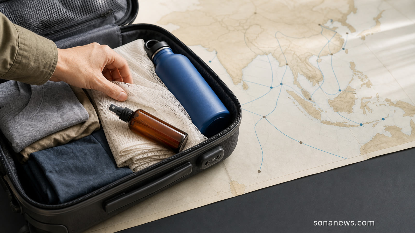 Open suitcase with mosquito repellent, folded bed net, sealed water bottle and route map for travel infection planning.