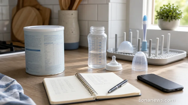 Unbranded infant formula tin, feeding bottle parts and a notebook on a kitchen counter for a formula recall check.