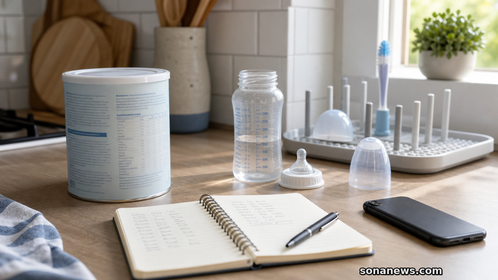 Unbranded infant formula tin, feeding bottle parts and a notebook on a kitchen counter for a formula recall check.