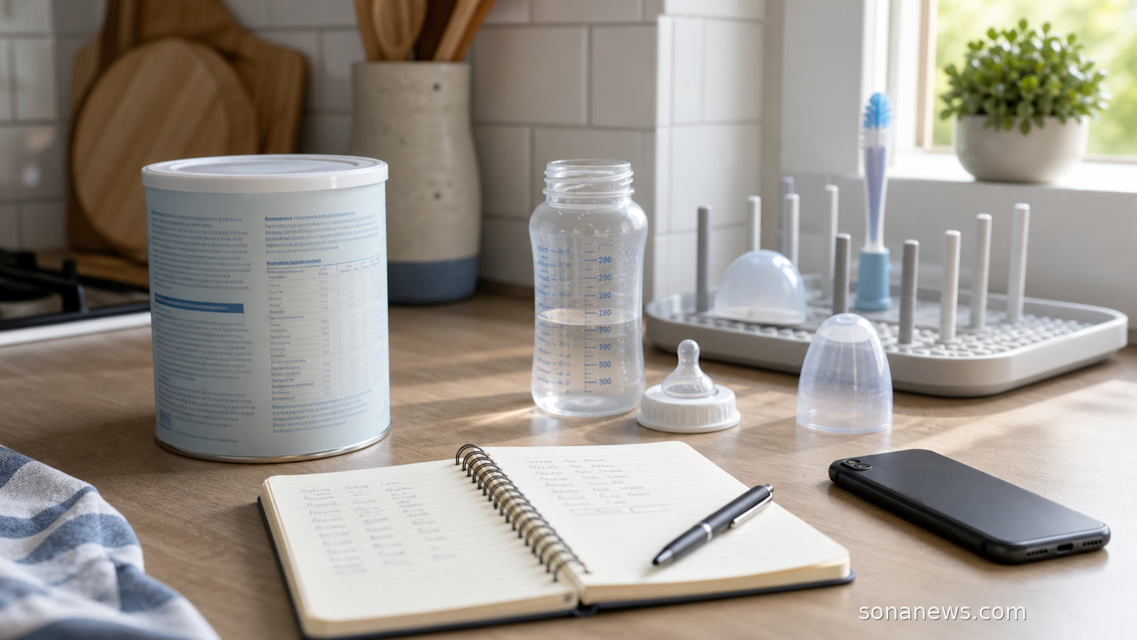 Unbranded infant formula tin, feeding bottle parts and a notebook on a kitchen counter for a formula recall check.