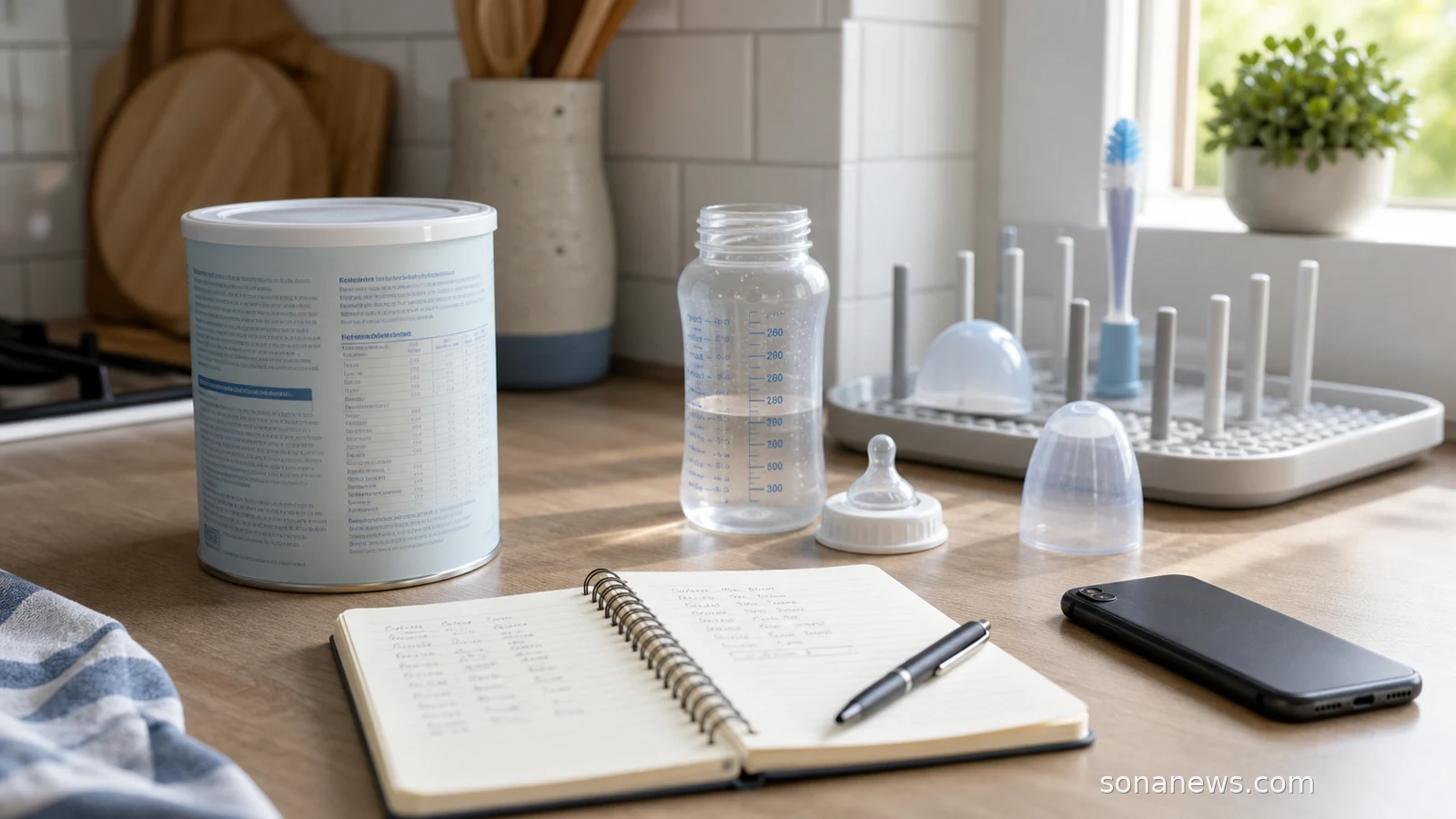 Unbranded infant formula tin, feeding bottle parts and a notebook on a kitchen counter for a formula recall check.