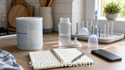 Unbranded infant formula tin, feeding bottle parts and a notebook on a kitchen counter for a formula recall check.