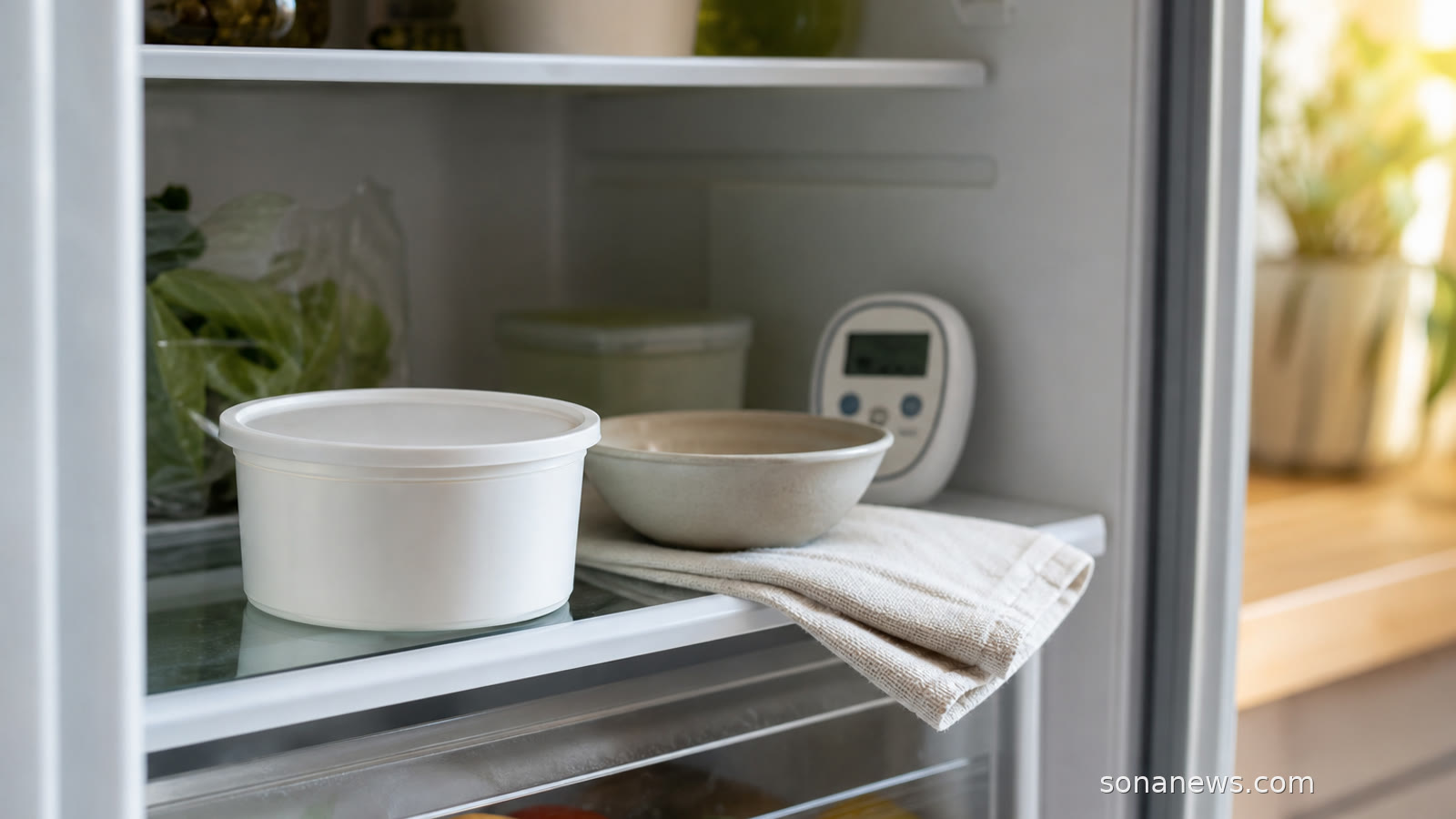 Open refrigerator shelf with an unbranded soft-cheese tub and cleaning cloth, illustrating a Listeria recall cleanup at home.