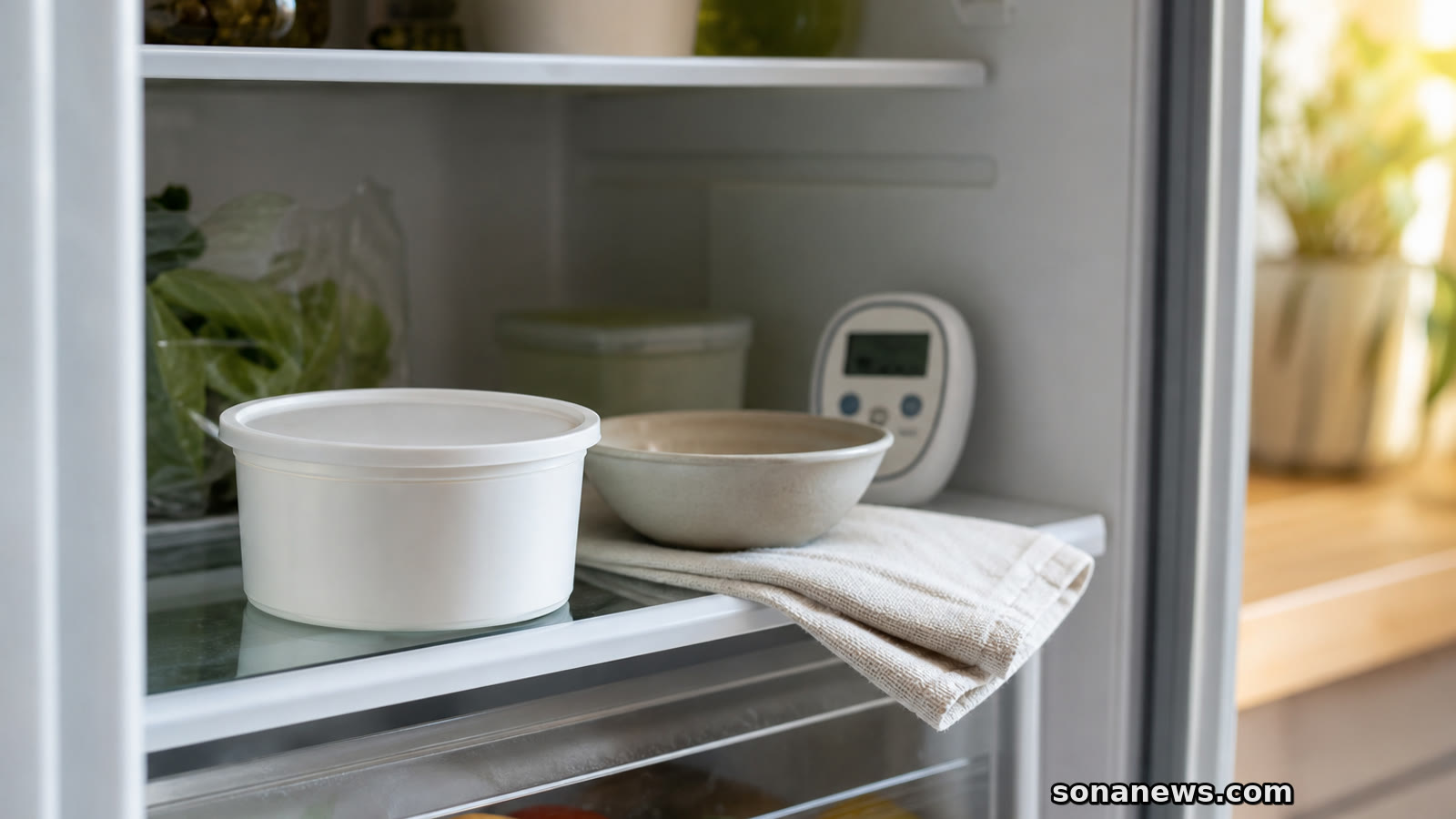 Open refrigerator shelf with an unbranded soft-cheese tub and cleaning cloth, illustrating a Listeria recall cleanup at home.