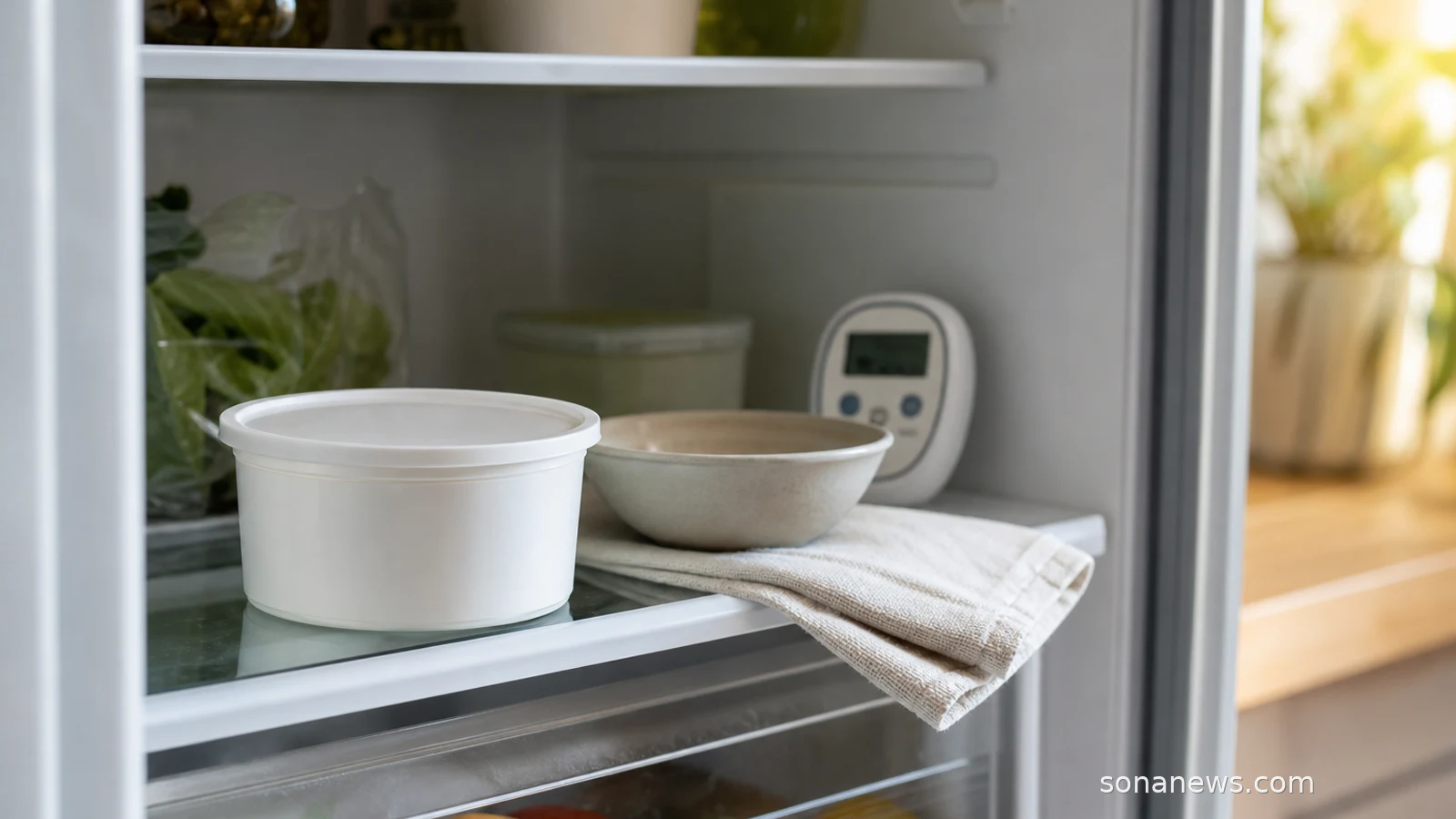 Open refrigerator shelf with an unbranded soft-cheese tub and cleaning cloth, illustrating a Listeria recall cleanup at home.