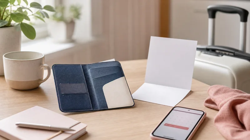 A travel wallet, blank clinic paper and phone on a quiet table before a trip.