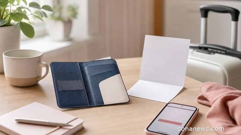 Travel wallet, clinic paper and phone on a table, illustrating measles vaccination records as part of travel health planning.