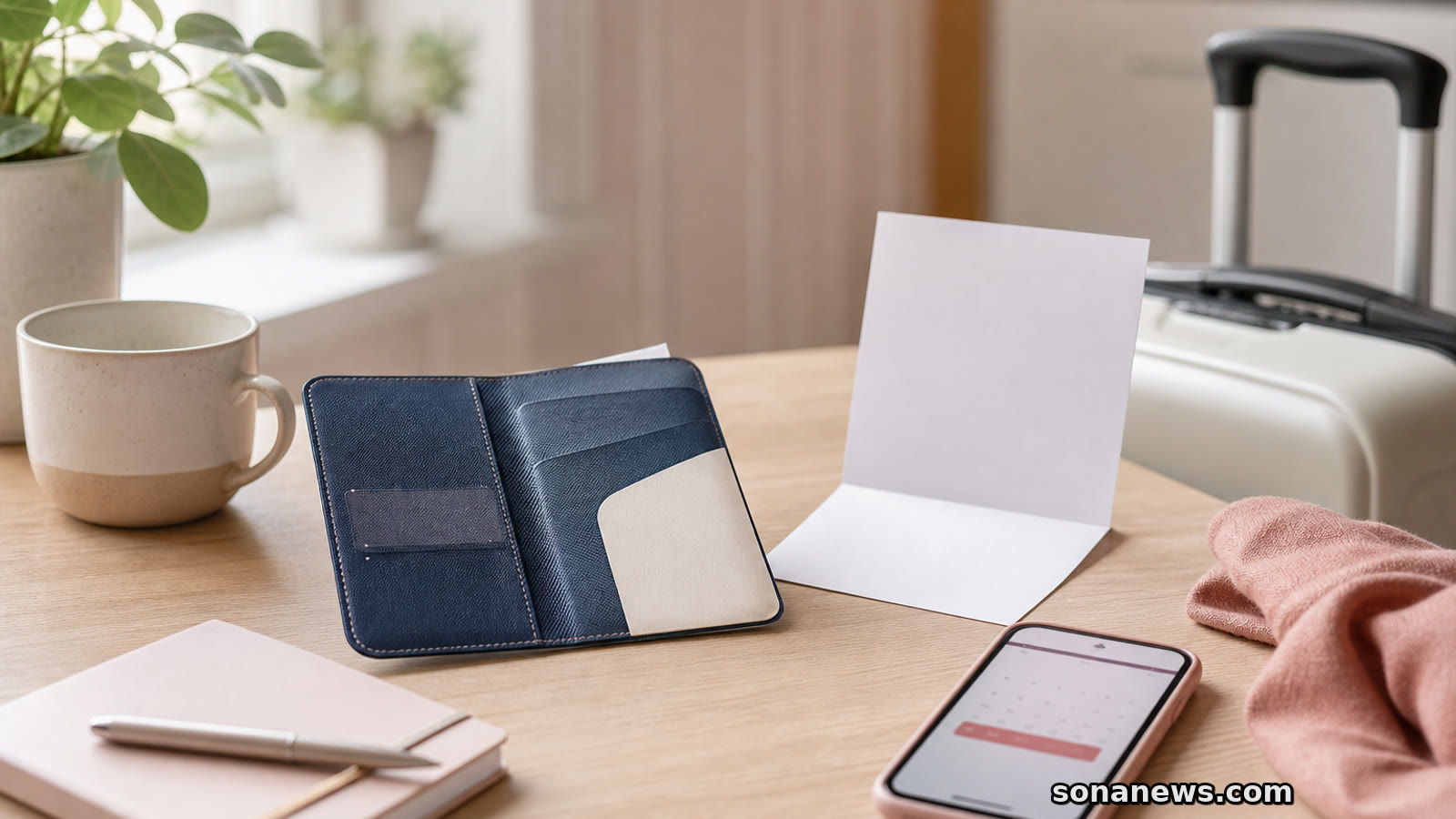 Travel wallet, clinic paper and phone on a table, illustrating measles vaccination records as part of travel health planning.