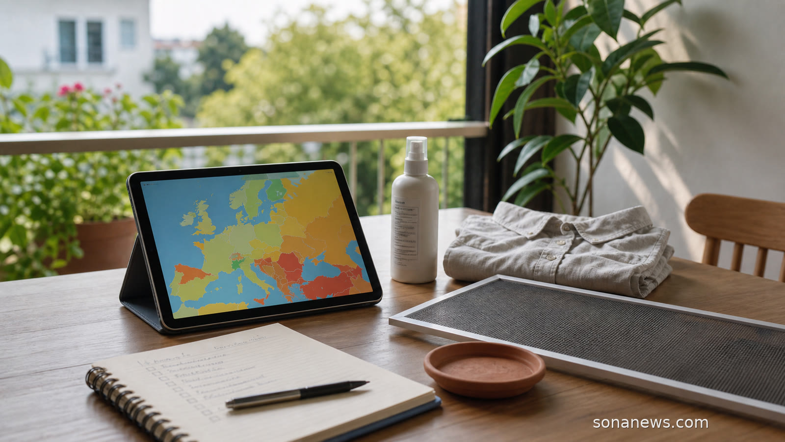 Tablet with a mosquito map, repellent and window screen for a summer health routine.