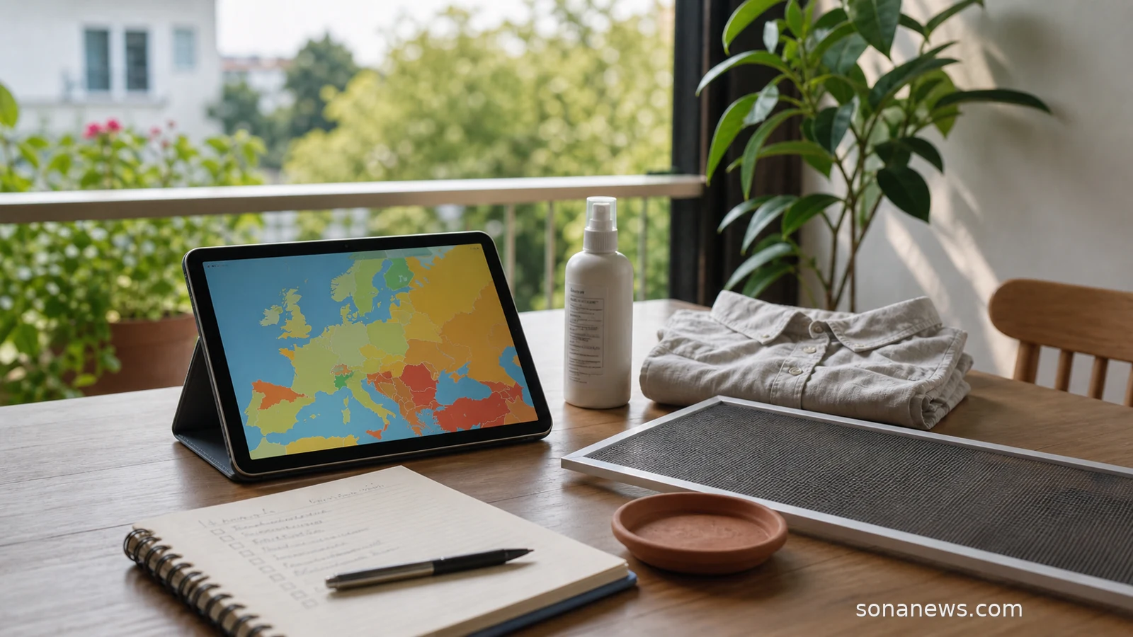 Tablet with a mosquito map, repellent and window screen for a summer health routine.