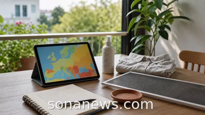 Tablet with a mosquito map, repellent and window screen for a summer health routine.