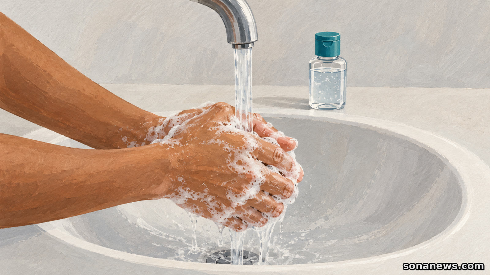 Illustrated hands with soap lather beneath a running tap, with a closed pocket hand-gel bottle on the dry ledge behind.