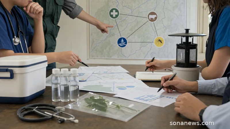 Public-health, veterinary and environmental staff review One Health signals from a clinic, livestock, water and mosquito-monitoring map.