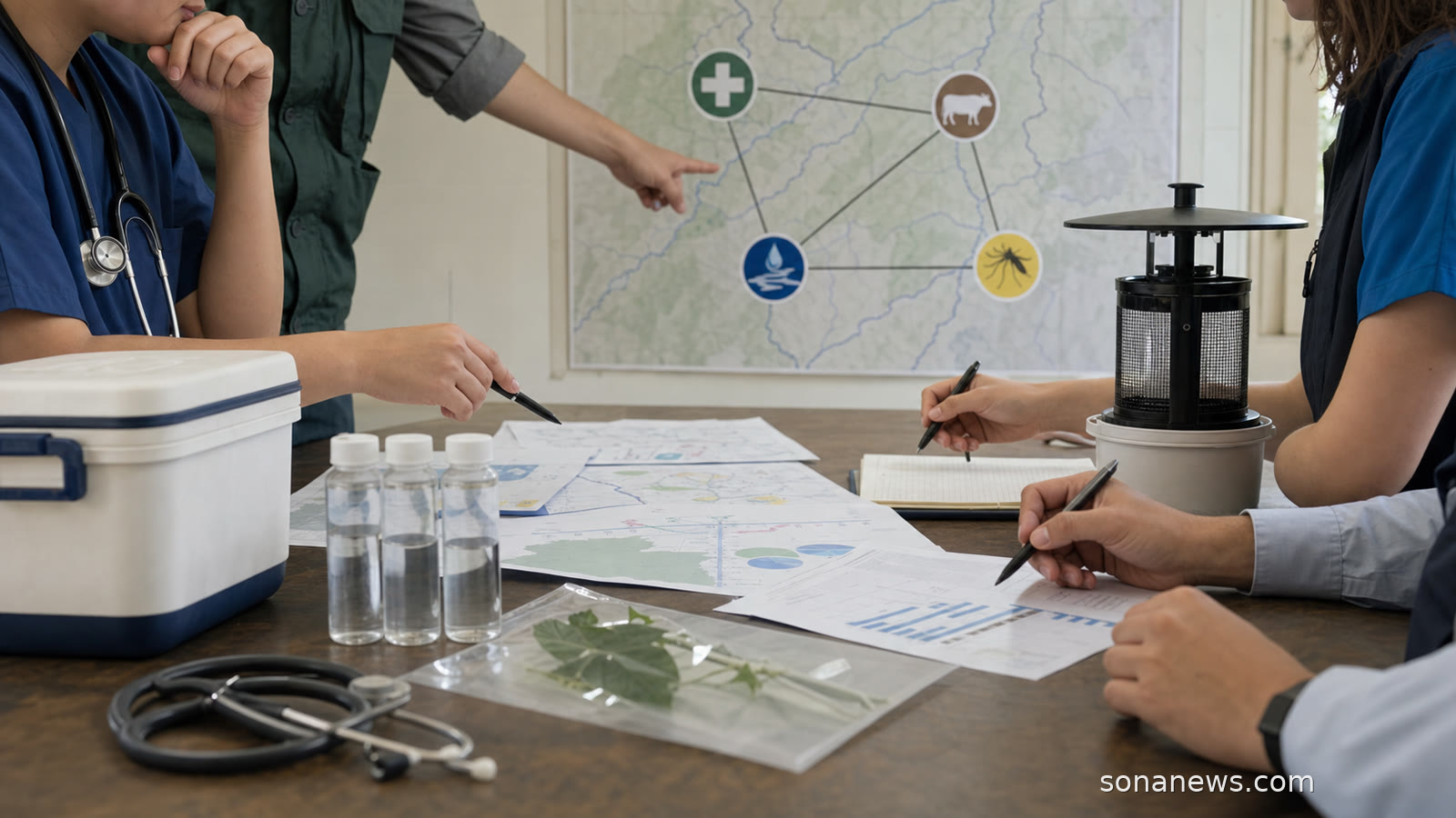 Public-health, veterinary and environmental staff review One Health signals from a clinic, livestock, water and mosquito-monitoring map.