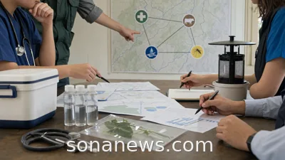 Public-health, veterinary and environmental staff review One Health signals from a clinic, livestock, water and mosquito-monitoring map.