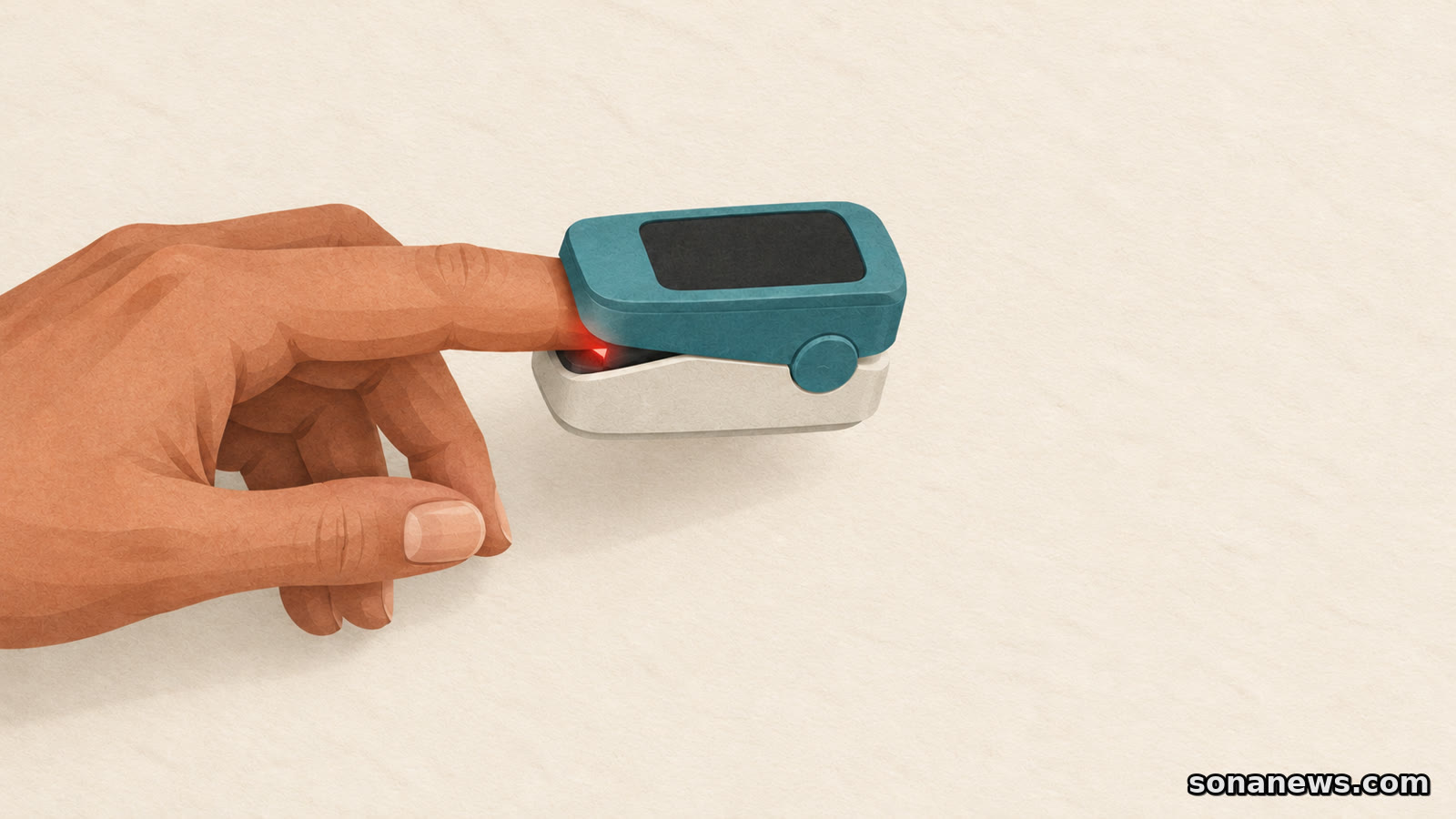 Conceptual illustration of a fingertip pulse oximeter, with a small optical glow and no displayed medical reading.