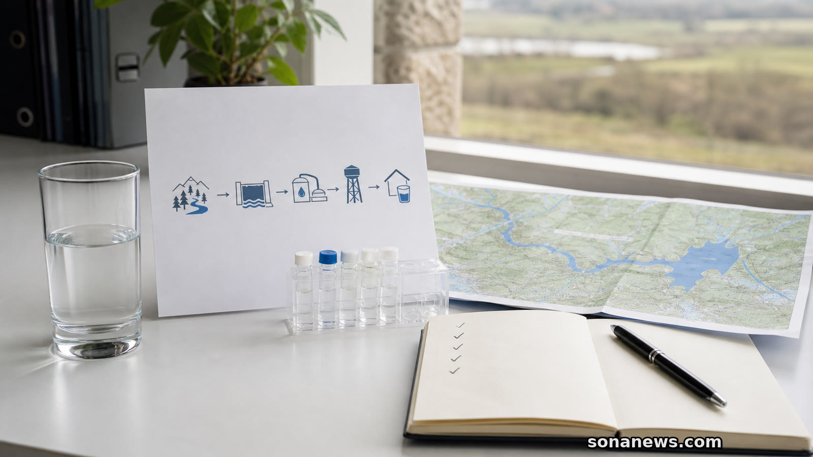 Clear glass, water testing vials and source-to-tap diagram for a WHO drinking-water quality story.